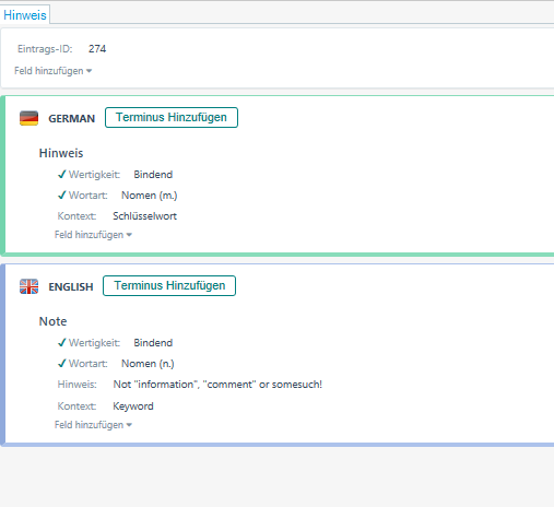 Screenshot eines Termbank-Eintrags in MultiTerm: Deutsch "Hinweis" und English "Note" mit Wertigkeit, Wortart, Kontext und Hinweis als Feldern.