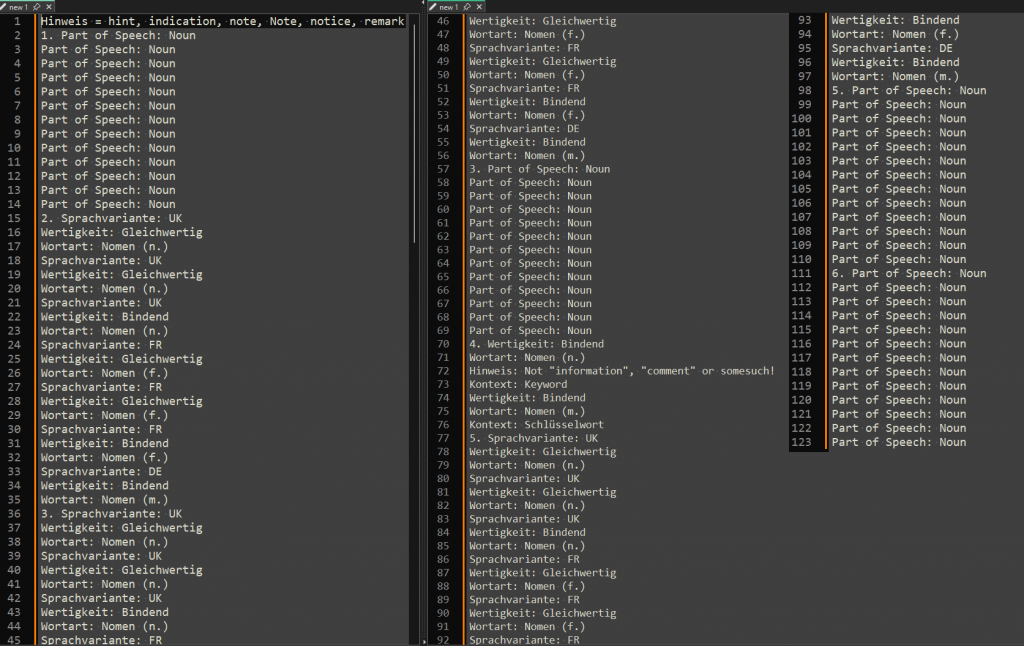 Screenshot von Notepad++ mit dem Termbankeintrag, wie er in OmegaT dargestellt wird: 123 zumeist sinnlose Zeilen lang.