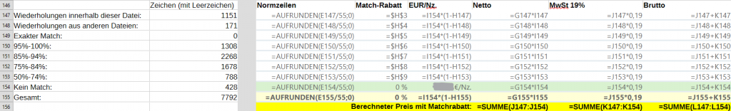 Screenshot: OmegaT project_stats_match_per_file.txt in LibreOffice Calc mit Abrechnungs-Formeln